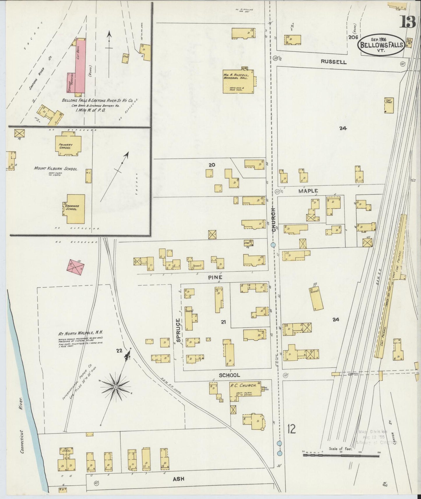 Sanborn Fire Insurance Map from Bellows Falls, Windham County, Vermont (1906), Sheet #0013 - Complete Map Set gallery image, historic Sanborn map, vintage wall art, Vermont Vermont