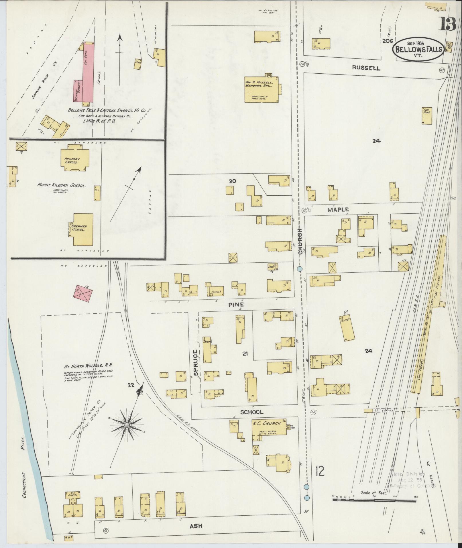 Sanborn Fire Insurance Map from Bellows Falls, Windham County, Vermont (1906), Sheet #0013 - Complete Map Set gallery image, historic Sanborn map, vintage wall art, Vermont Vermont