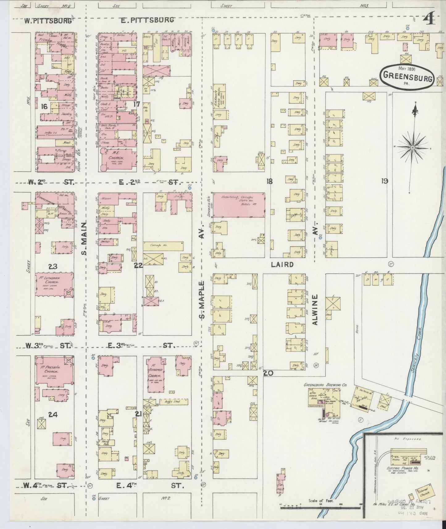 Sanborn Fire Insurance Map from Greensburg, Westmoreland County, Pennsylvania (1891), Sheet #0004 - Historic Sanborn Fire Insurance Map Print, vintage old map wall art, antique decor, genealogy gift, Pennsylvania Pennsylvania map