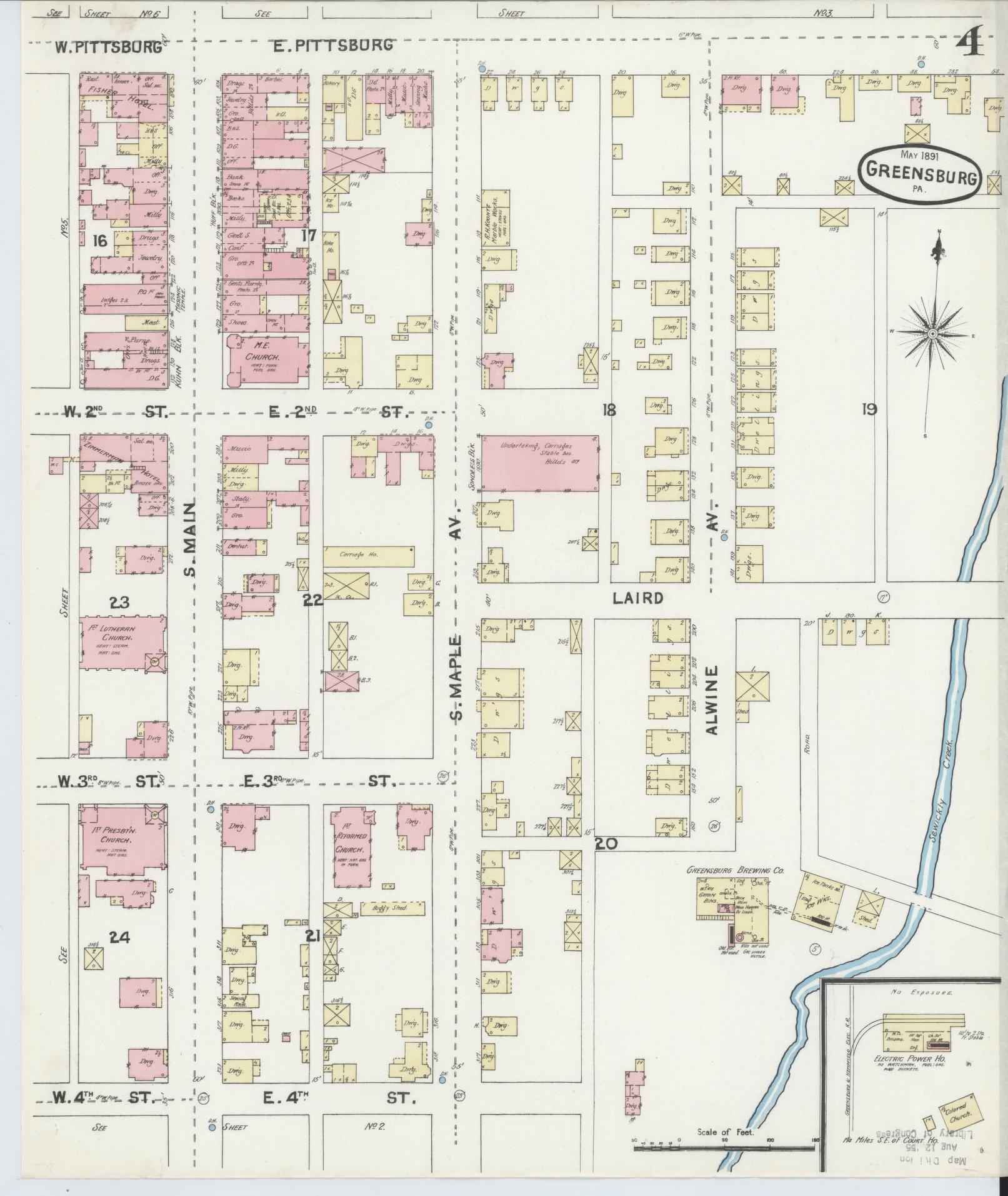 Sanborn Fire Insurance Map from Greensburg, Westmoreland County, Pennsylvania (1891), Sheet #0004 - Historic Sanborn Fire Insurance Map Print, vintage old map wall art, antique decor, genealogy gift, Pennsylvania Pennsylvania map