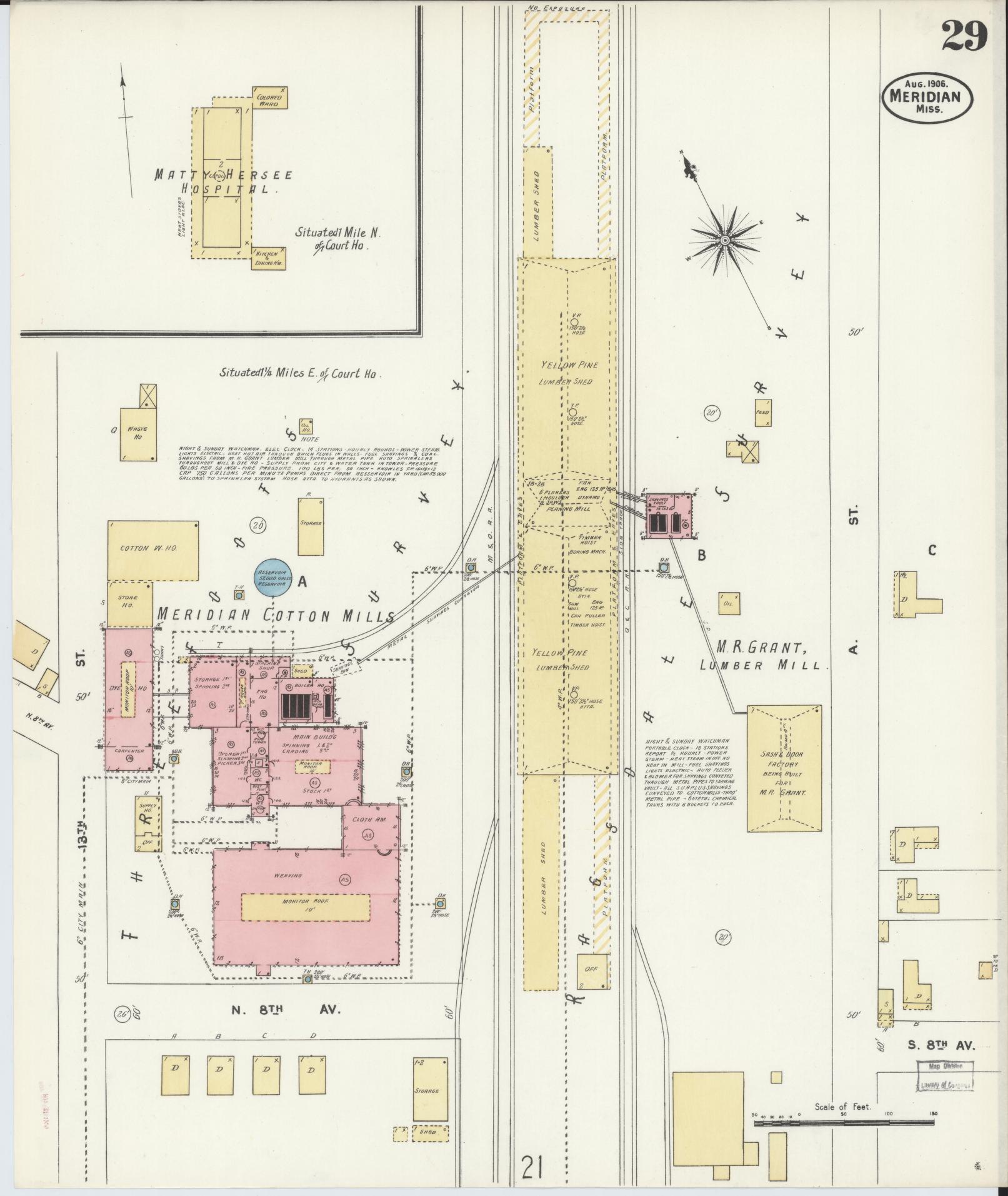 Sanborn Fire Insurance Map from Meridian, Lauderdale County, Mississippi (1906), Sheet #0029 - Historic Sanborn Fire Insurance Map Print, vintage old map wall art, antique decor, genealogy gift, Mississippi Mississippi map