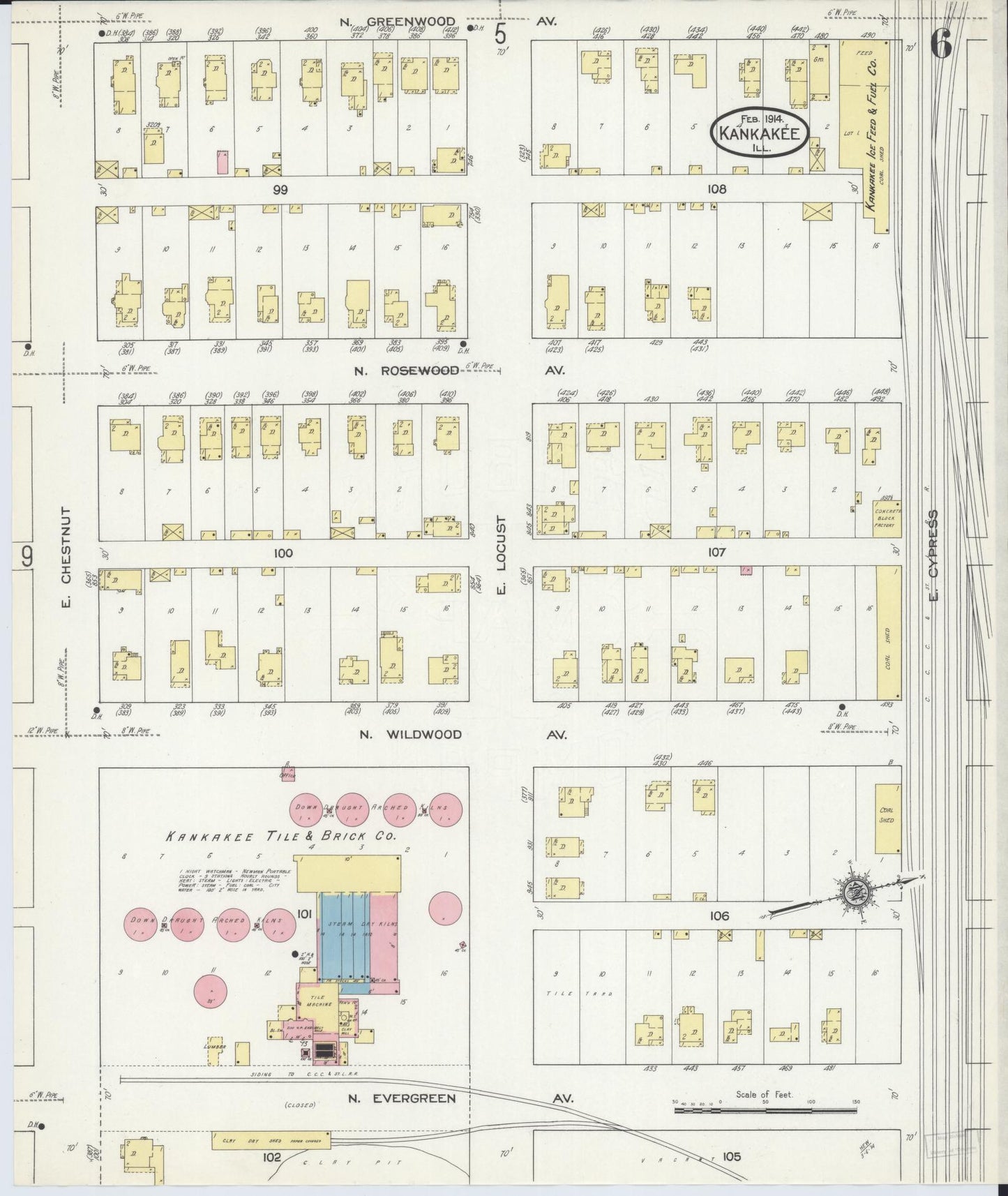 Sanborn Fire Insurance Map from Kankakee, Kankakee County, Illinois (1914), Sheet #0006 - Historic Sanborn Fire Insurance Map Print, vintage old map wall art, antique decor, genealogy gift, Illinois Illinois map