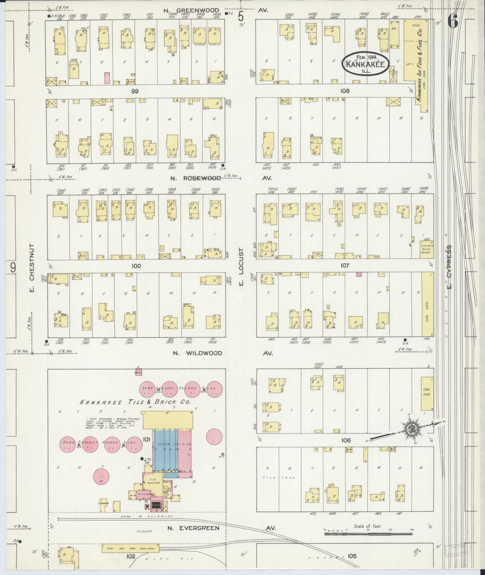 Sanborn Fire Insurance Map from Kankakee, Kankakee County, Illinois (1914), Sheet #0006 - Historic Sanborn Fire Insurance Map Print, vintage old map wall art, antique decor, genealogy gift, Illinois Illinois map