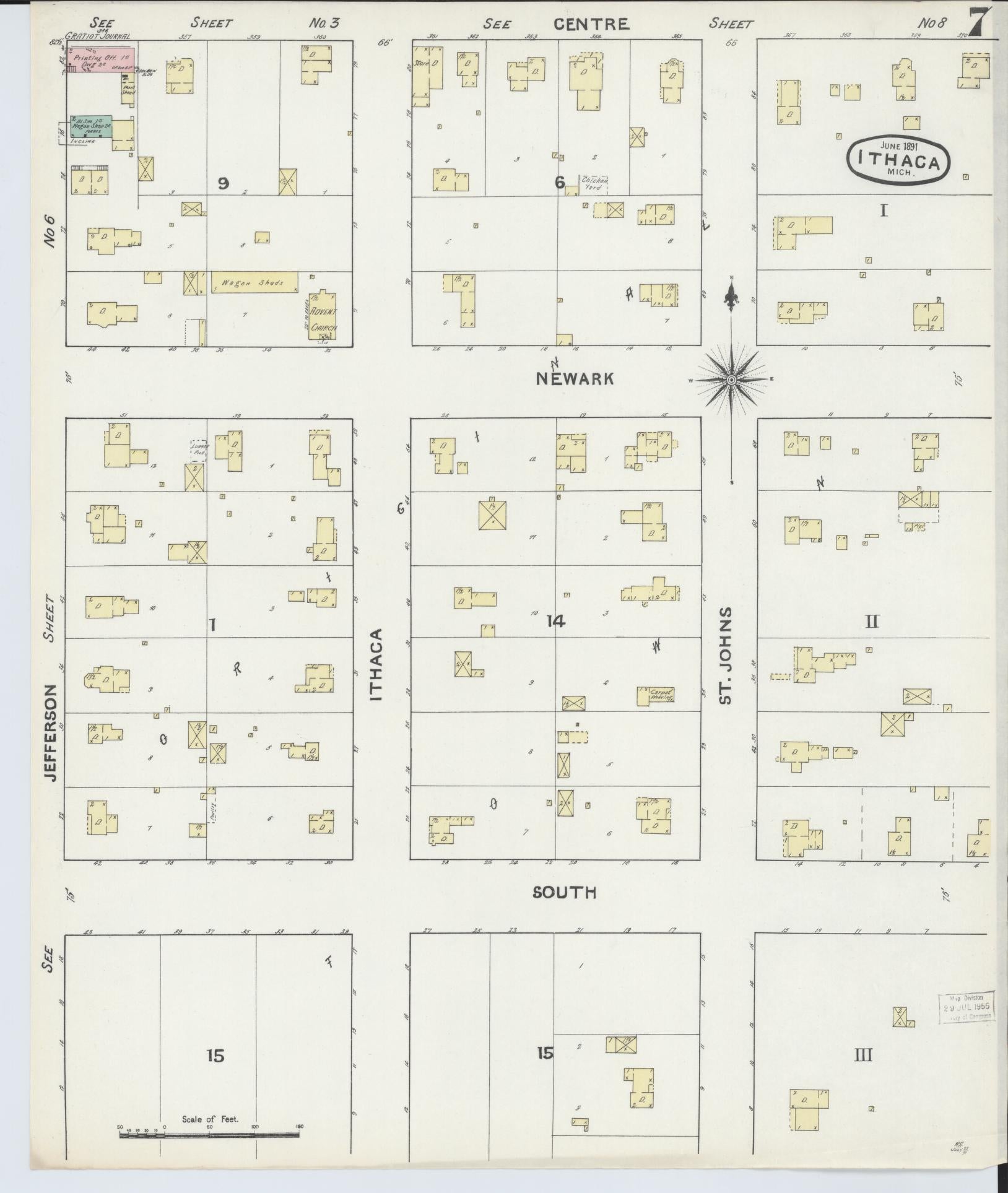 Sanborn Fire Insurance Map from Ithaca, Gratiot County, Michigan (1891), Sheet #0007 - Complete Map Set gallery image, historic Sanborn map, vintage wall art, Michigan Michigan