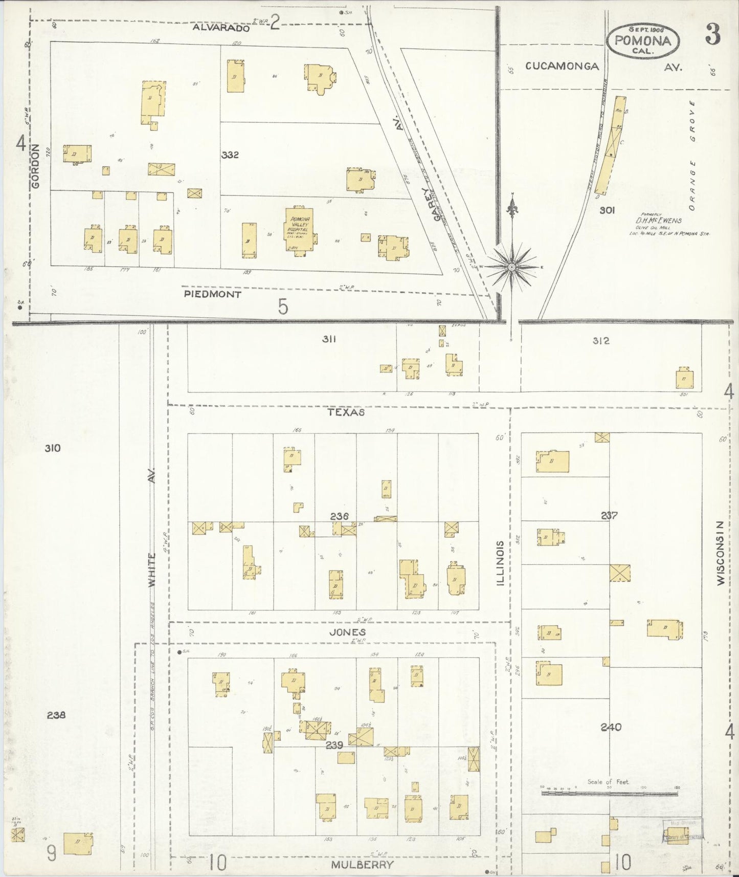 Sanborn Fire Insurance Map from Pomona, Los Angeles County, California (1906), Sheet #0003 - Complete Map Set gallery image, historic Sanborn map, vintage wall art, California California