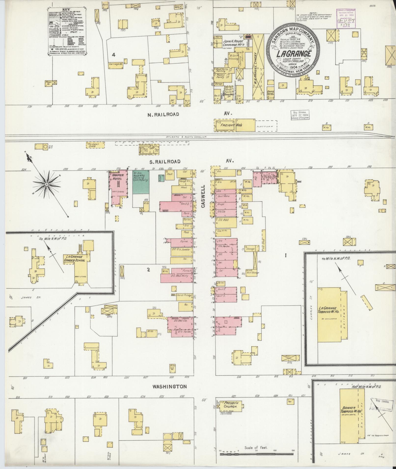 Sanborn Fire Insurance Map from La Grange, Lenoir County, North Carolina (1904), Sheet #0001 - Historic Sanborn Fire Insurance Map Print, vintage old map wall art, antique decor, genealogy gift, North Carolina North Carolina map