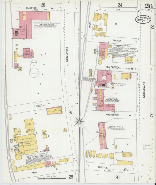 Sanborn Fire Insurance Map from Charlotte, Mecklenburg County, North Carolina (1905), Sheet #0026 - Historic Sanborn Fire Insurance Map Print, vintage old map wall art, antique decor, genealogy gift, North Carolina North Carolina map