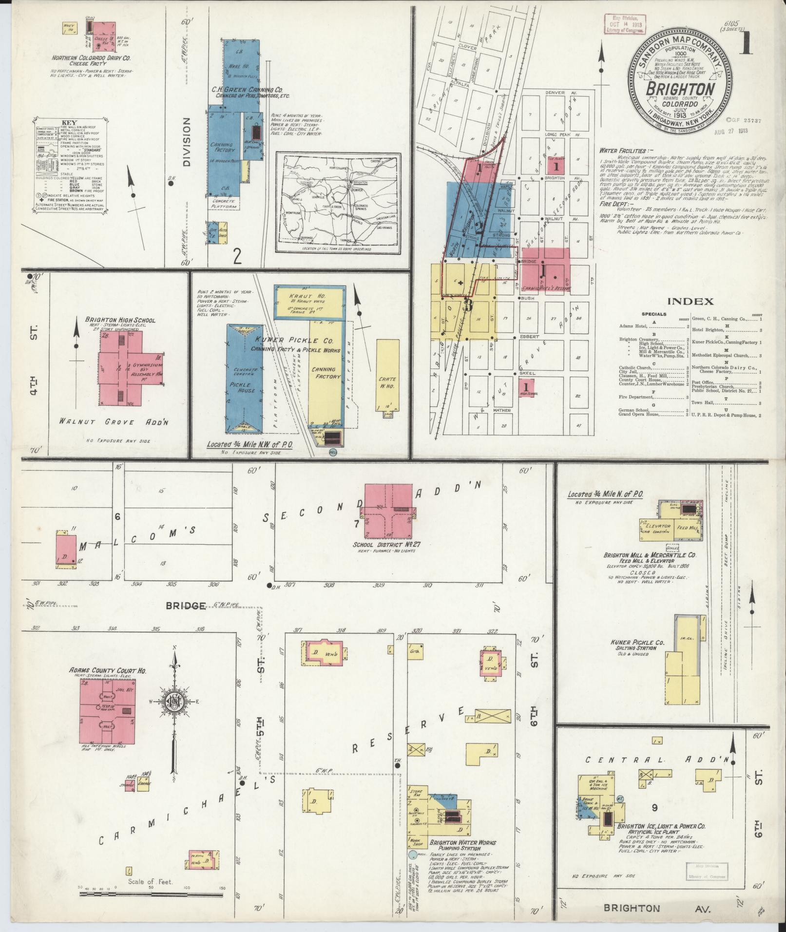 Sanborn Fire Insurance Map from Brighton, Adams County, Colorado (1913), Sheet #0001 - Historic Sanborn Fire Insurance Map Print, vintage old map wall art, antique decor, genealogy gift, Colorado Colorado map