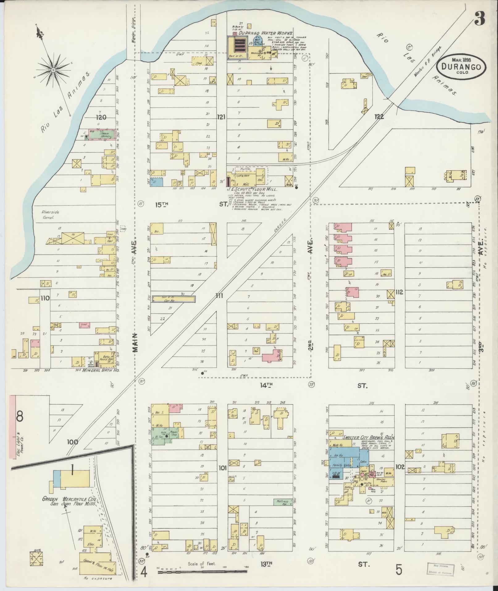 Sanborn Fire Insurance Map from Durango, La Plata County, Colorado (1898), Sheet #0003 - Historic Sanborn Fire Insurance Map Print, vintage old map wall art, antique decor, genealogy gift, Colorado Colorado map