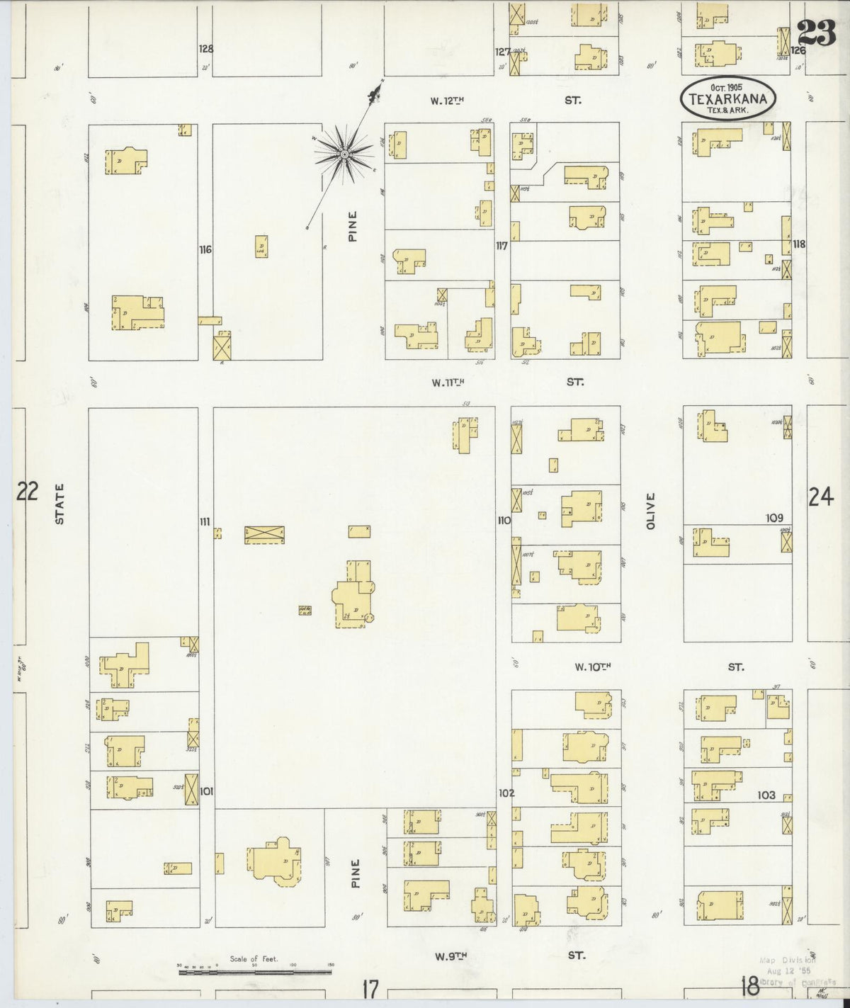 Sanborn Fire Insurance Map from Texarkana, Bowie County, Texas (1905), Sheet #0023 - Historic Sanborn Fire Insurance Map Print, vintage old map wall art, antique decor, genealogy gift, Texas Texas map