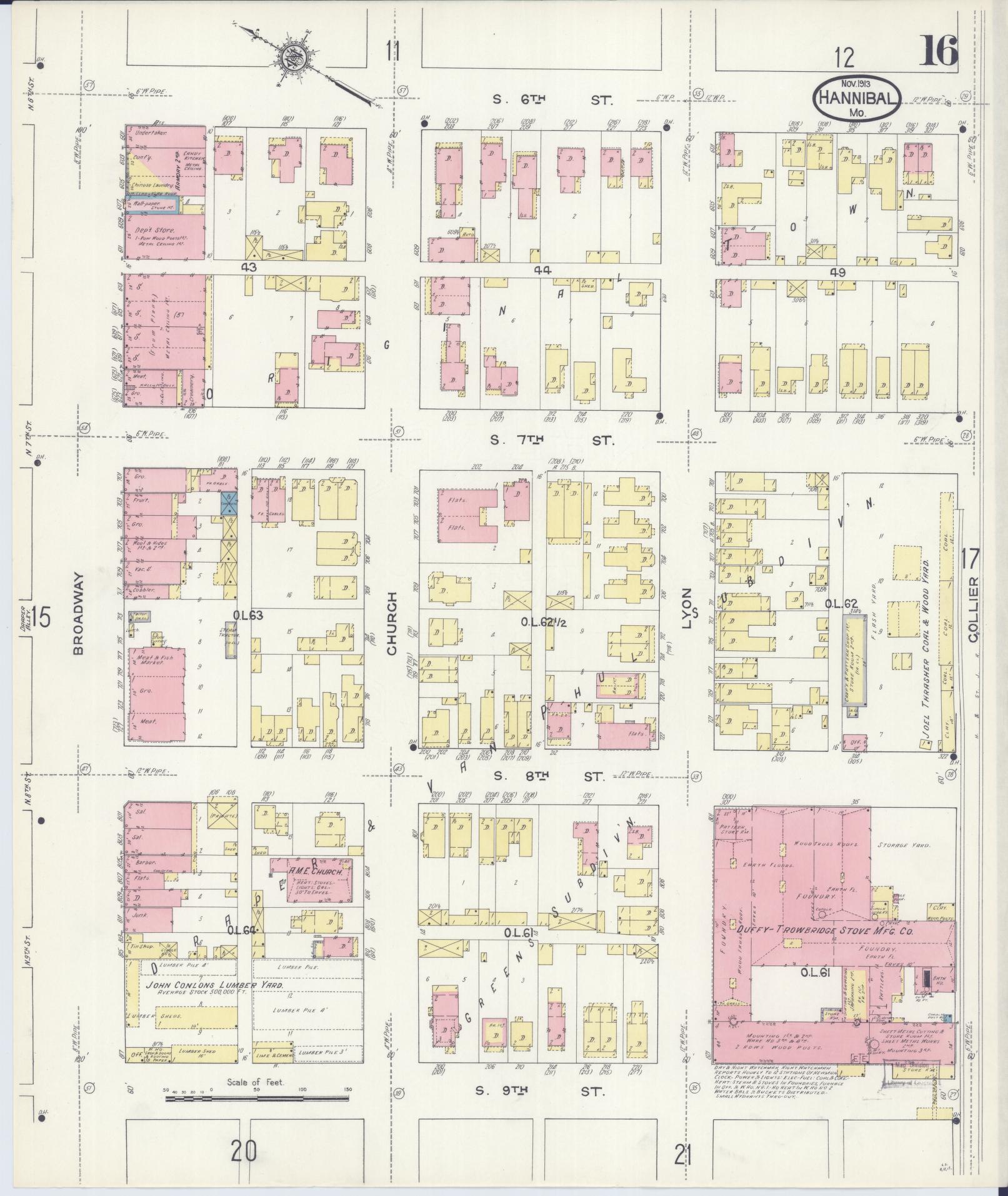 Sanborn Fire Insurance Map from Hannibal, Marion County, Missouri (1913), Sheet #0016 - Complete Map Set gallery image, historic Sanborn map, vintage wall art, Missouri Missouri