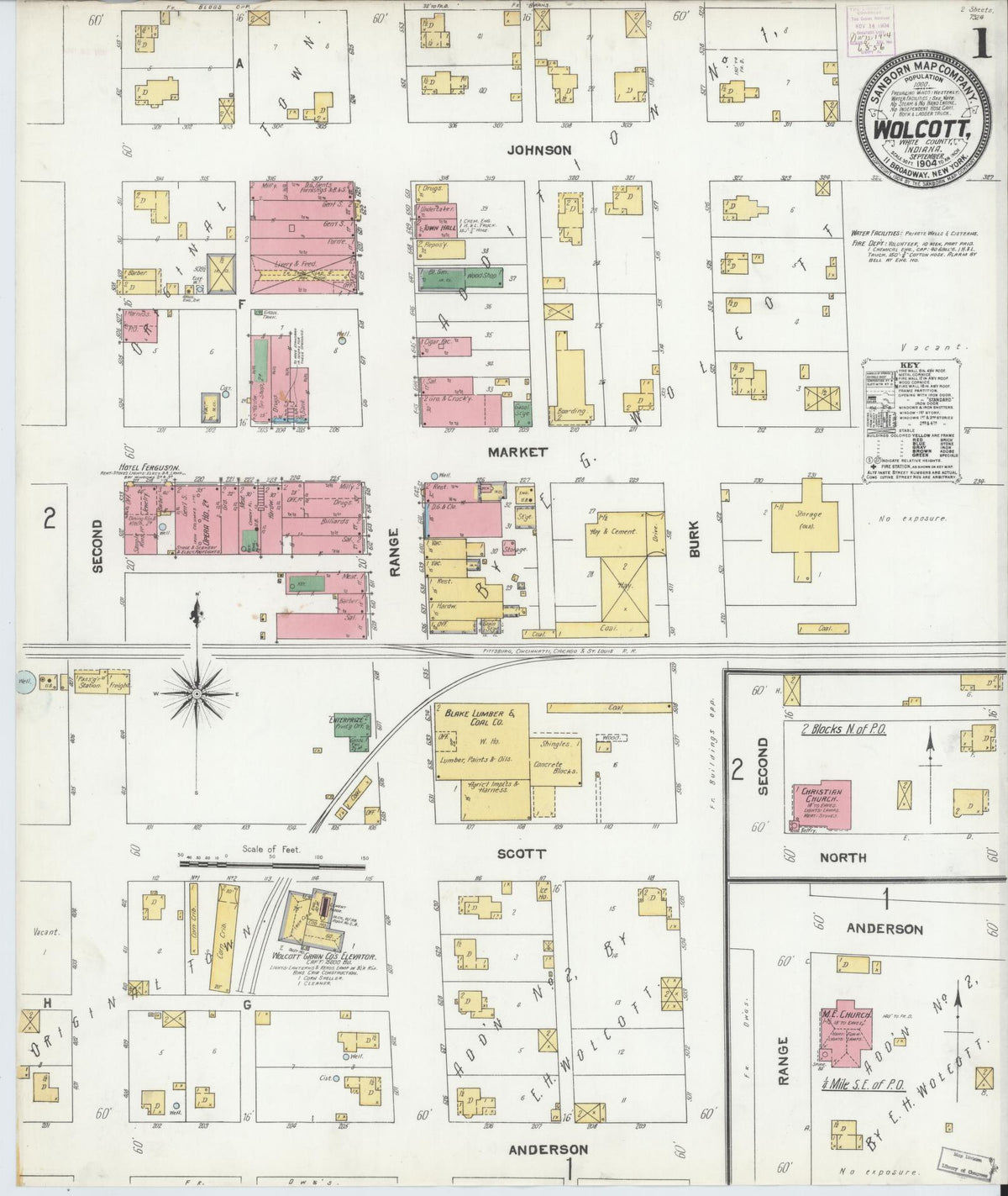 Sanborn Fire Insurance Map from Wolcott, White County, Indiana (1904), Sheet #0001 - Historic Sanborn Fire Insurance Map Print, vintage old map wall art, antique decor, genealogy gift, Indiana Indiana map