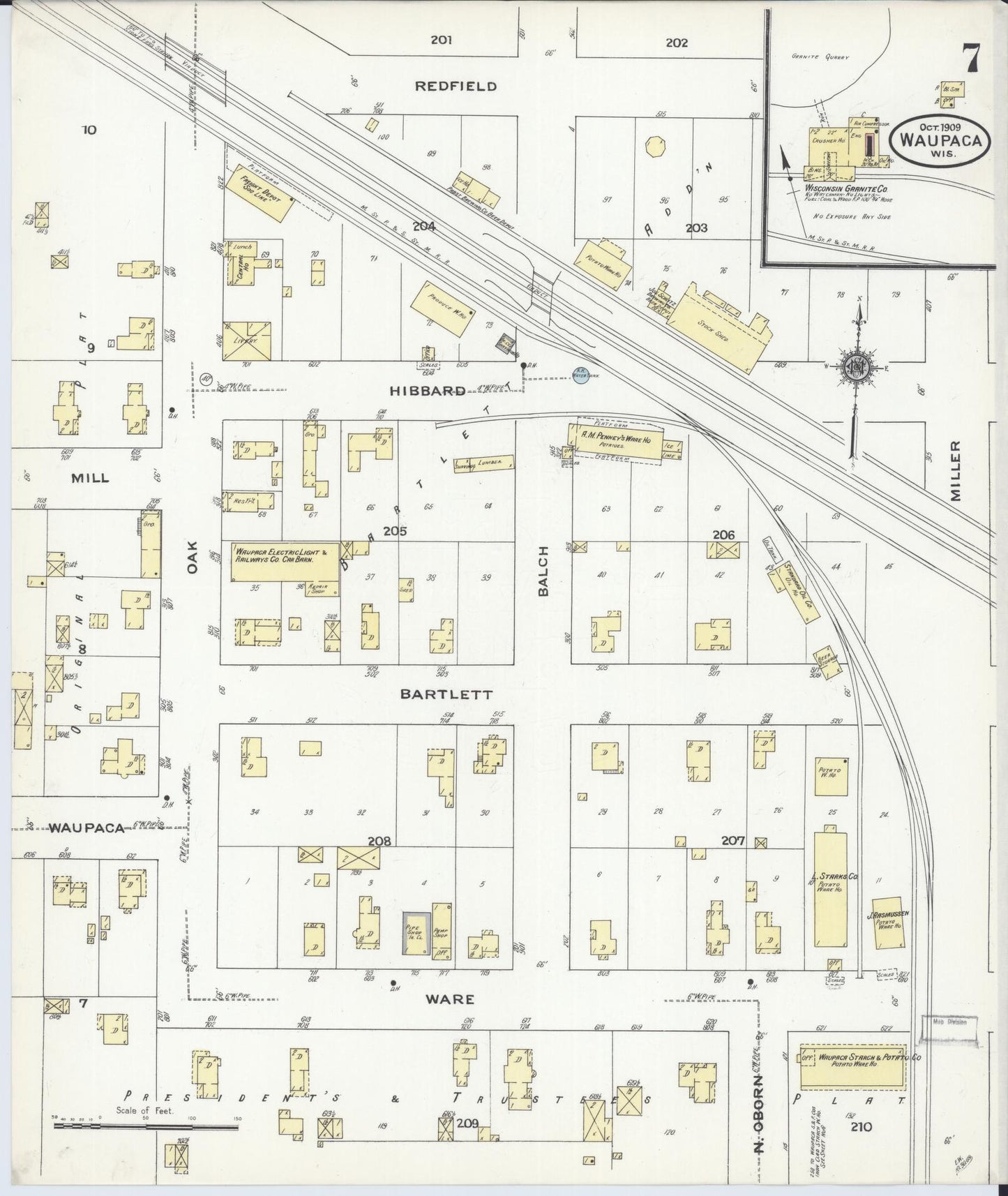 Sanborn Fire Insurance Map from Waupaca, Waupaca County, Wisconsin (1909), Sheet #0007 - Complete Map Set gallery image, historic Sanborn map, vintage wall art, Wisconsin Wisconsin