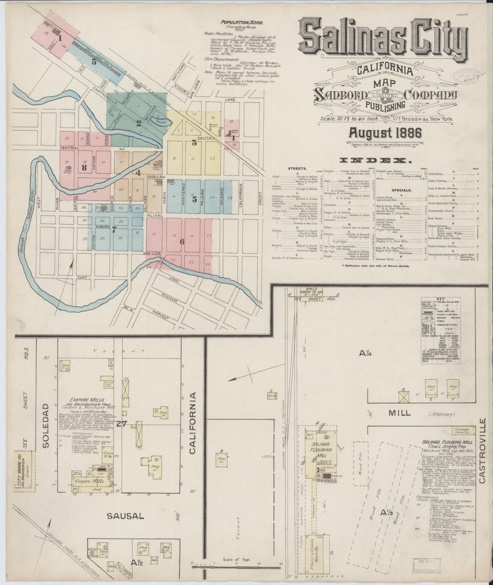 Sanborn Fire Insurance Map from Salinas, Monterey County, California (1886), Sheet #0001 - Complete Map Set gallery image, historic Sanborn map, vintage wall art, California California