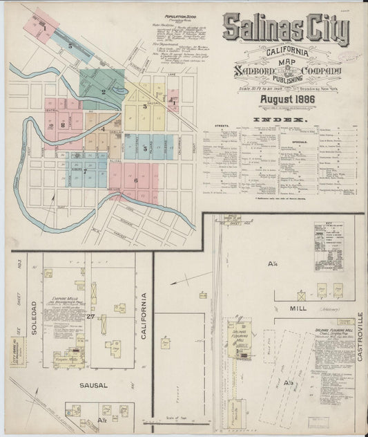 Sanborn Fire Insurance Map from Salinas, Monterey County, California (1886), Sheet #0001 - Complete Map Set gallery image, historic Sanborn map, vintage wall art, California California
