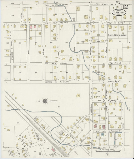 Sanborn Fire Insurance Map from Humboldt, Gibson County, Tennessee (1915), Sheet #0012 - Historic Sanborn Fire Insurance Map Print, vintage old map wall art, antique decor, genealogy gift, Tennessee Tennessee map
