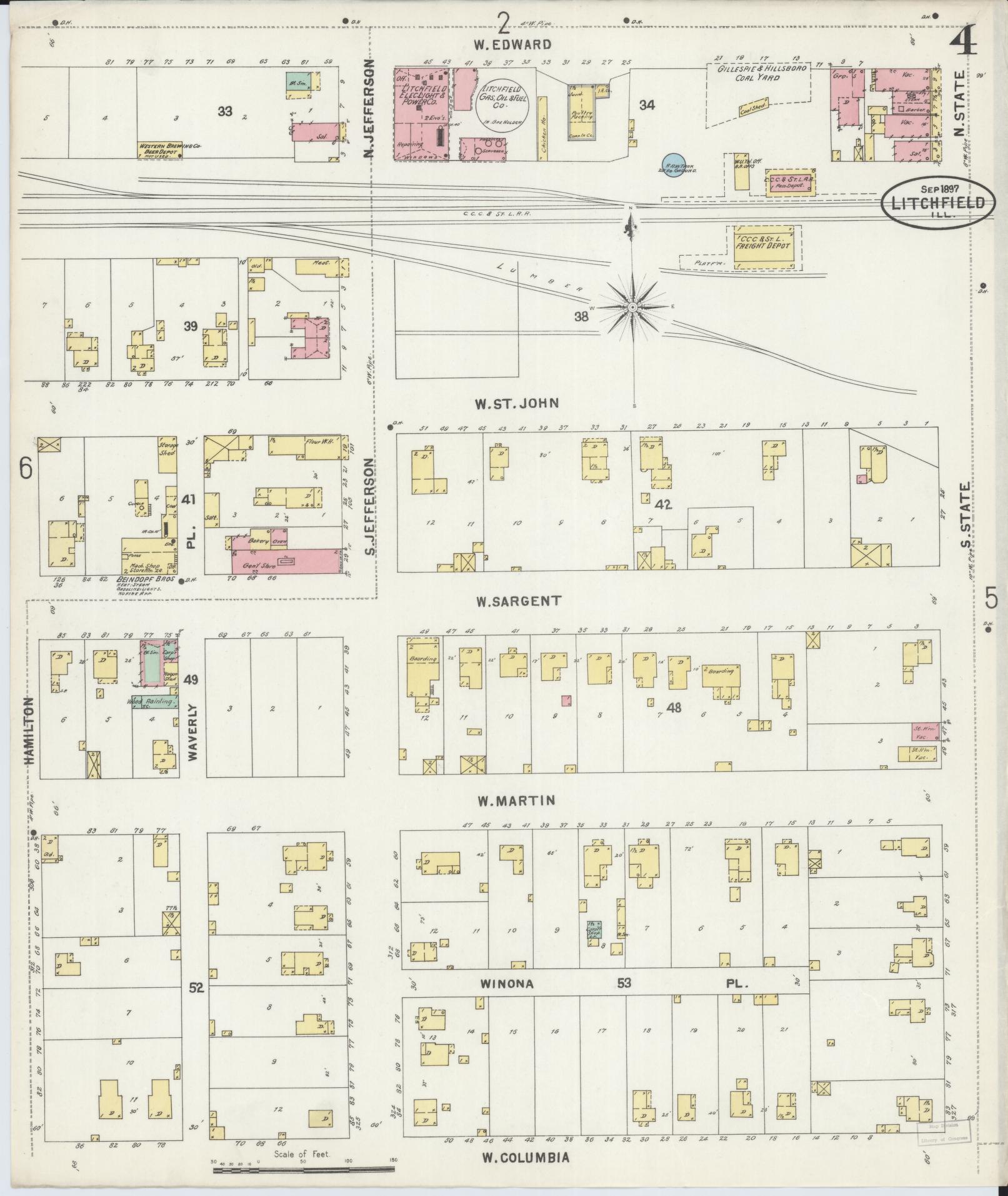 Sanborn Fire Insurance Map from Litchfield, Montgomery County, Illinois (1897), Sheet #0004 - Complete Map Set gallery image, historic Sanborn map, vintage wall art, Illinois Illinois