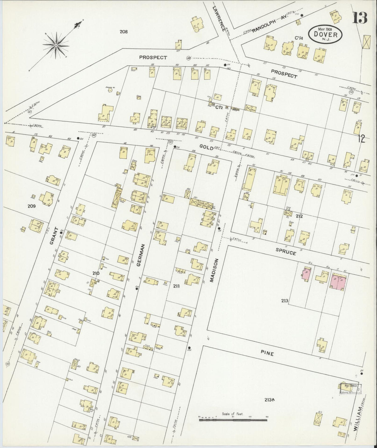 Sanborn Fire Insurance Map from Dover, Morris County, New Jersey (1909), Sheet #0013 - Historic Sanborn Fire Insurance Map Print, vintage old map wall art, antique decor, genealogy gift, New Jersey New Jersey map