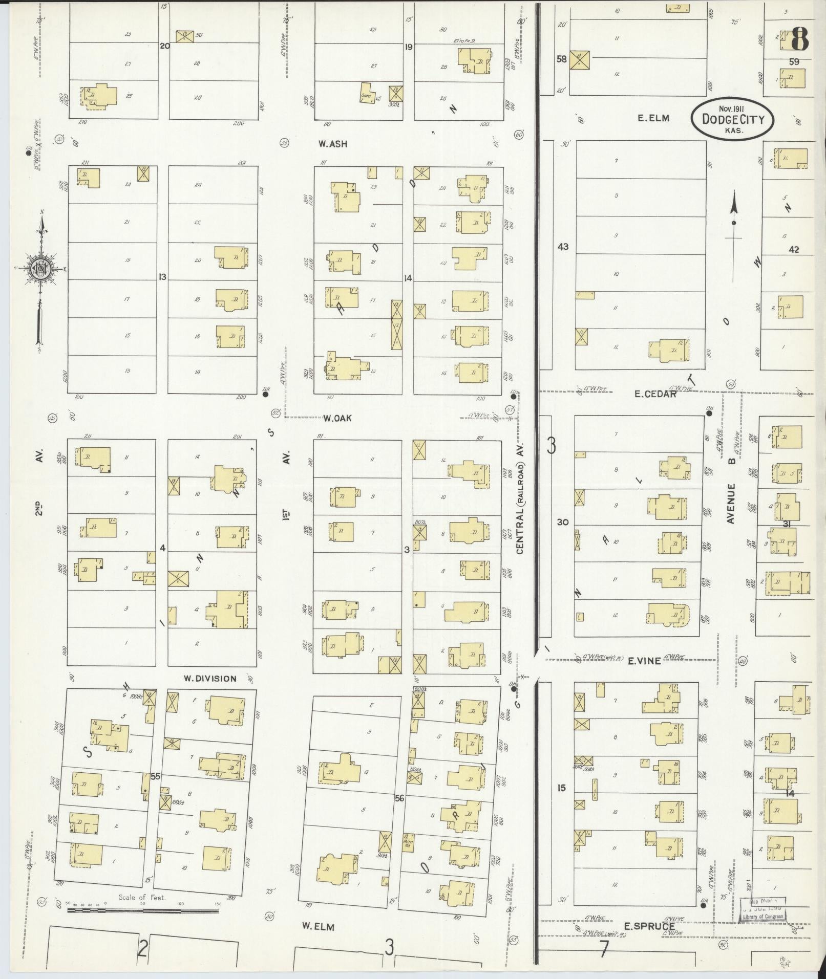 Sanborn Fire Insurance Map from Dodge City, Ford County, Kansas (1911), Sheet #0008 - Complete Map Set gallery image, historic Sanborn map, vintage wall art, Kansas Kansas