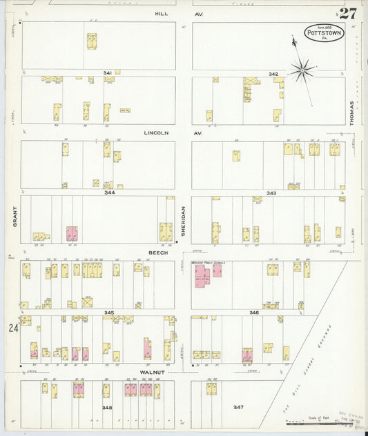 Sanborn Fire Insurance Map from Pottstown, Montgomery County, Pennsylvania (1909), Sheet #0027 - Historic Sanborn Fire Insurance Map Print, vintage old map wall art, antique decor, genealogy gift, Pennsylvania Pennsylvania map