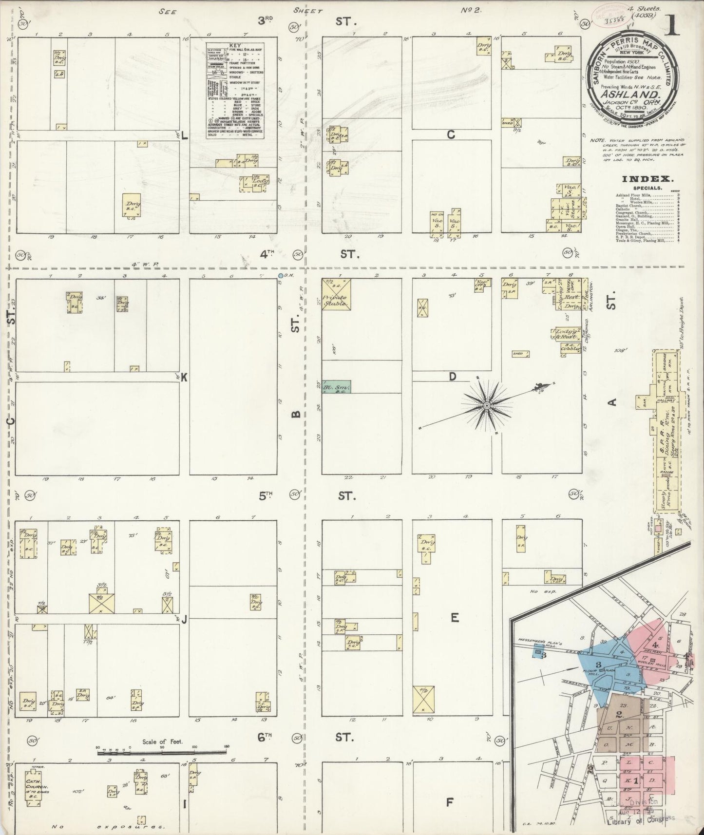 Sanborn Fire Insurance Map from Ashland, Jackson County, Oregon (1890), Sheet #0001 - Complete Map Set gallery image, historic Sanborn map, vintage wall art, Oregon Oregon