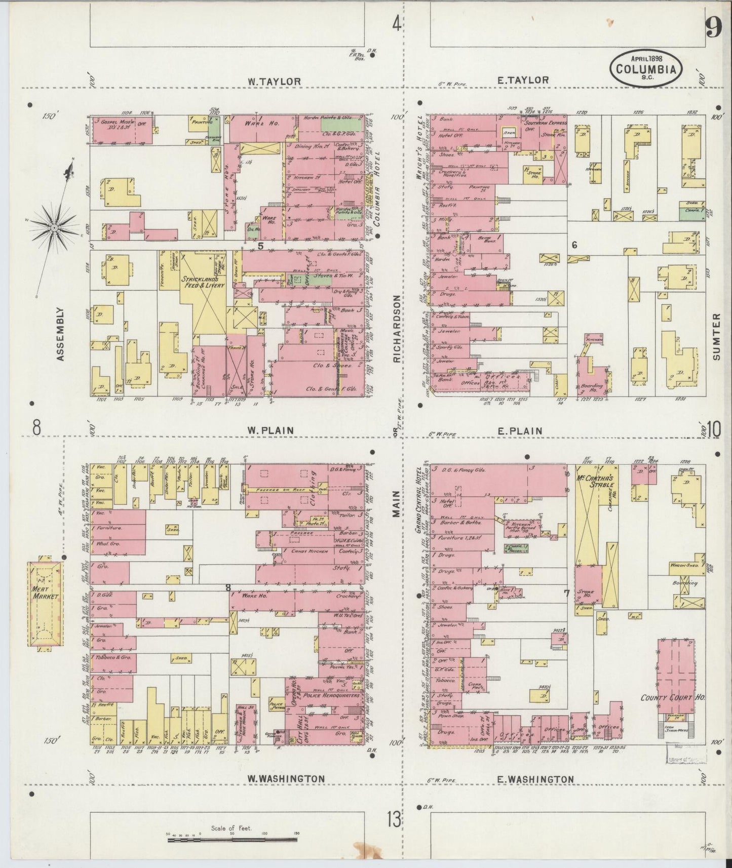 Sanborn Fire Insurance Map from Columbia, Richland County, South Carolina (1898), Sheet #0009 - Complete Map Set gallery image, historic Sanborn map, vintage wall art, South Carolina South Carolina