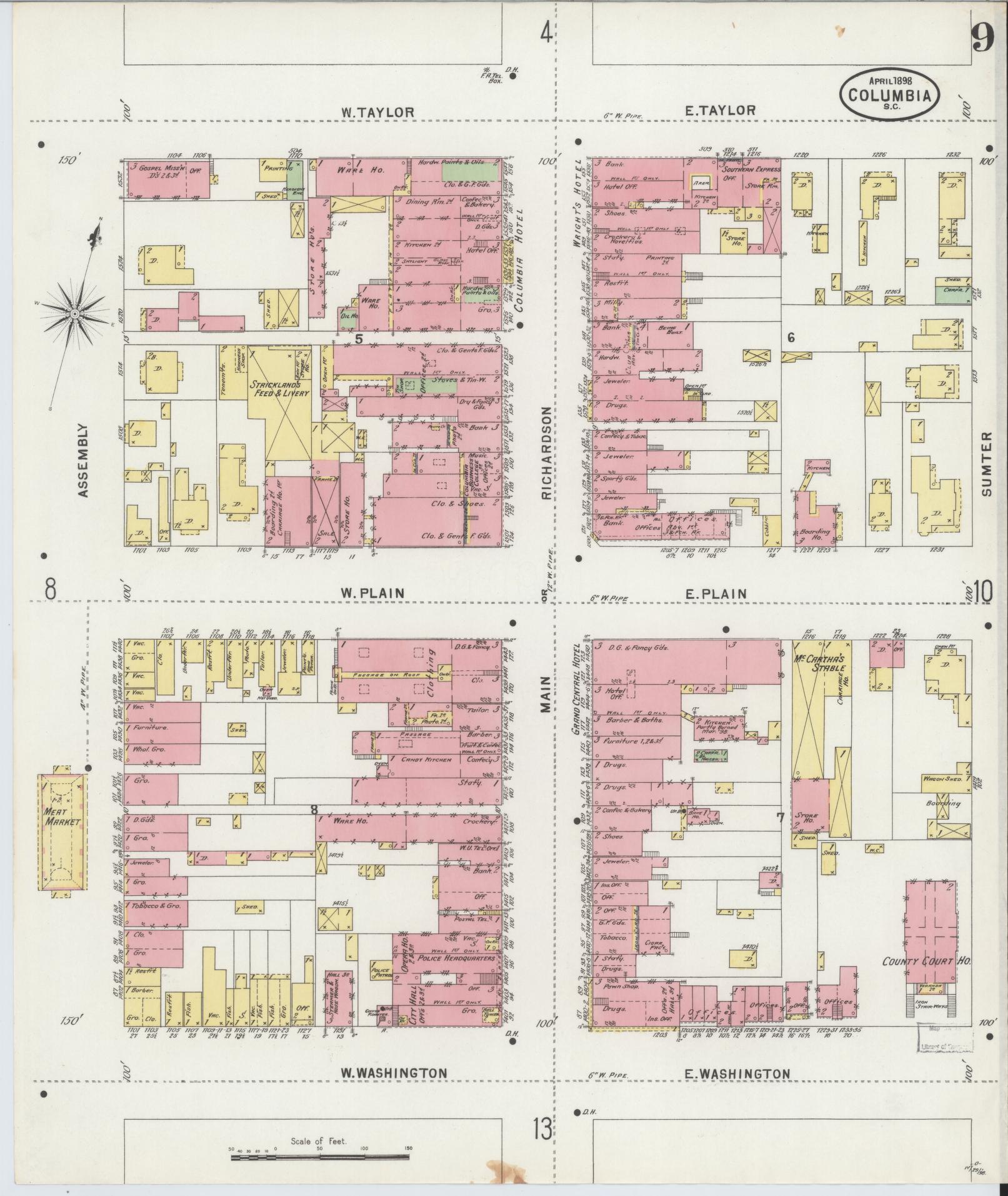 Sanborn Fire Insurance Map from Columbia, Richland County, South Carolina (1898), Sheet #0009 - Complete Map Set gallery image, historic Sanborn map, vintage wall art, South Carolina South Carolina