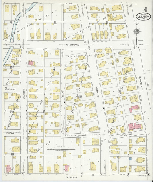 Sanborn Fire Insurance Map from Lebanon, Boone County, Indiana (1919), Sheet #0004 - Historic Sanborn Fire Insurance Map Print, vintage old map wall art, antique decor, genealogy gift, Indiana Indiana map