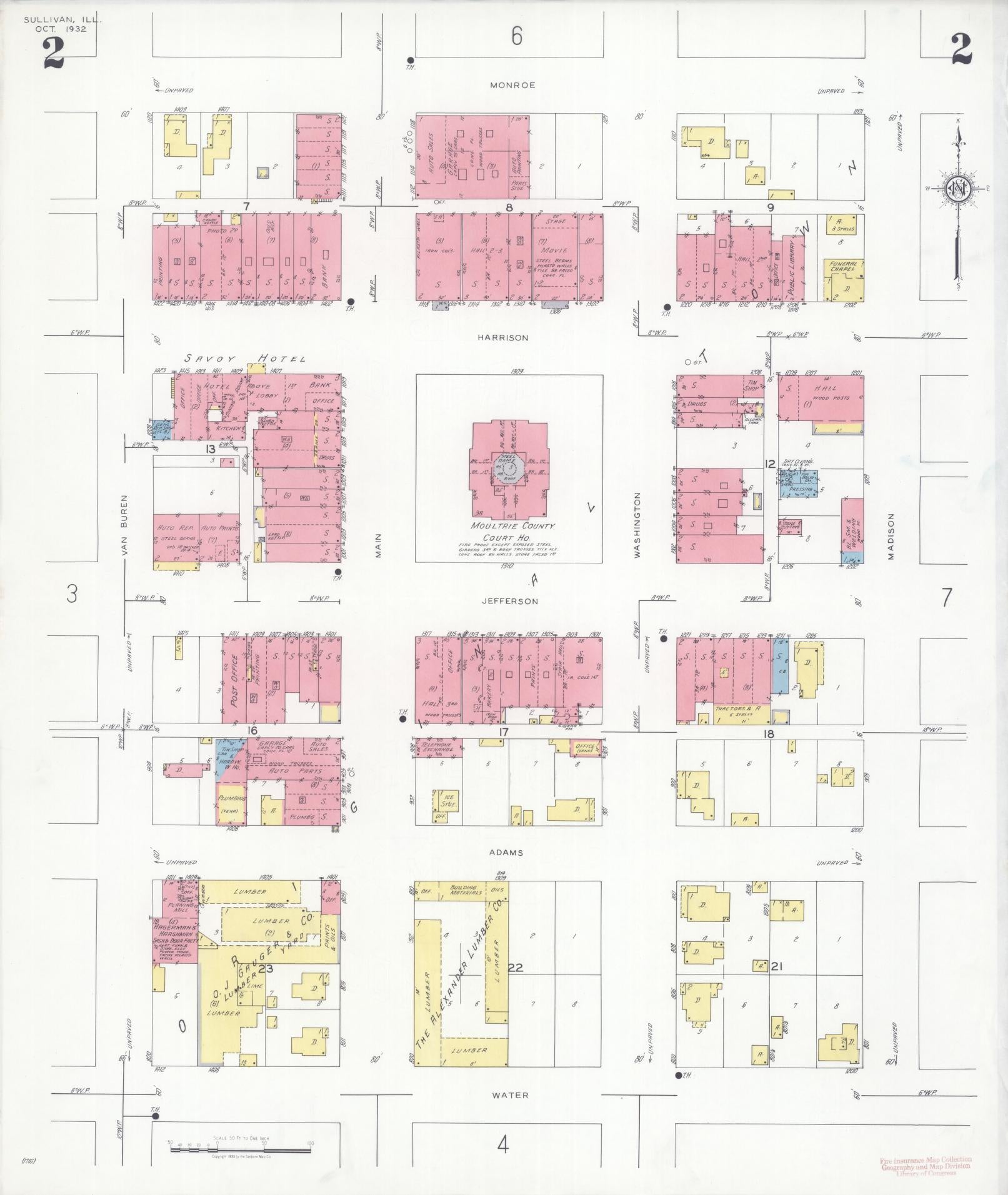 Sanborn Fire Insurance Map from Sullivan, Moultrie County, Illinois (1932), Sheet #0002 - Historic Sanborn Fire Insurance Map Print, vintage old map wall art, antique decor, genealogy gift, Illinois Illinois map
