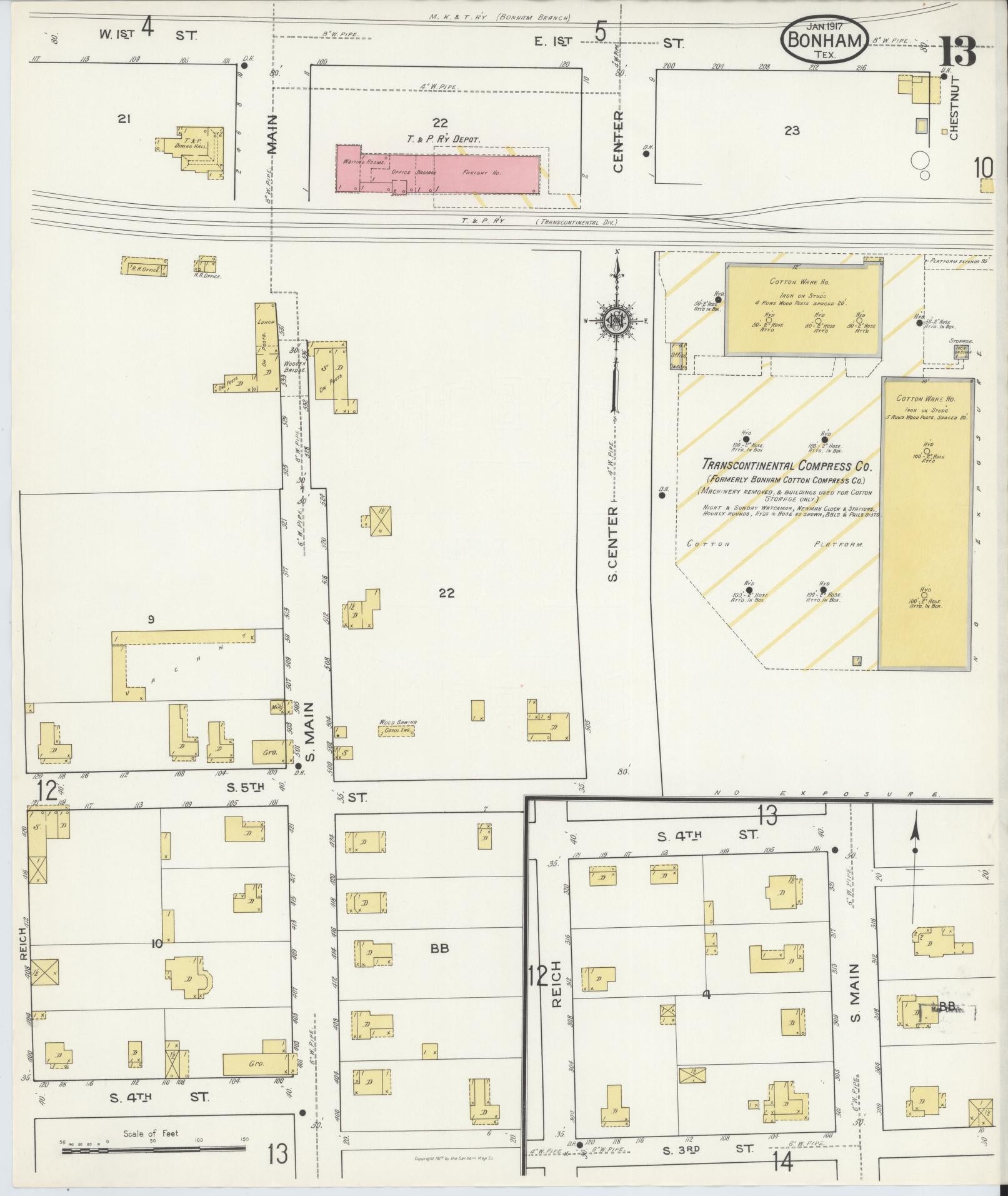 Sanborn Fire Insurance Map from Bonham, Fannin County, Texas (1917), Sheet #0013 - Historic Sanborn Fire Insurance Map Print, vintage old map wall art, antique decor, genealogy gift, Texas Texas map