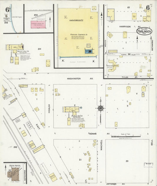 Sanborn Fire Insurance Map from Harlingen, Cameron County, Texas (1925), Sheet #0006 - Historic Sanborn Fire Insurance Map Print, vintage old map wall art, antique decor, genealogy gift, Texas Texas map