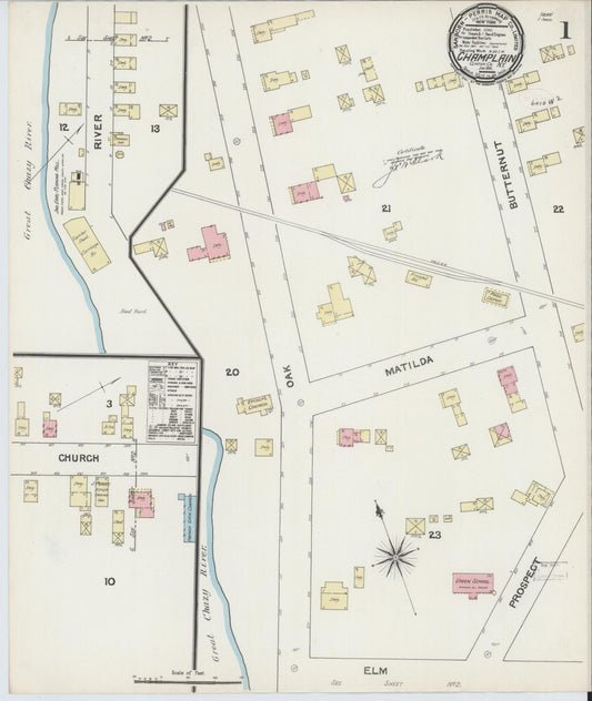 Sanborn Fire Insurance Map from Champlain, Clinton County, New York (1891), Sheet #0001 - Historic Sanborn Fire Insurance Map Print, vintage old map wall art, antique decor, genealogy gift, New York New York map