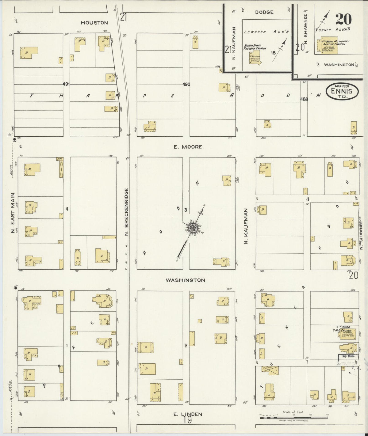 Sanborn Fire Insurance Map from Ennis, Ellis County, Texas (1920), Sheet #0020 - Historic Sanborn Fire Insurance Map Print, vintage old map wall art, antique decor, genealogy gift, Texas Texas map