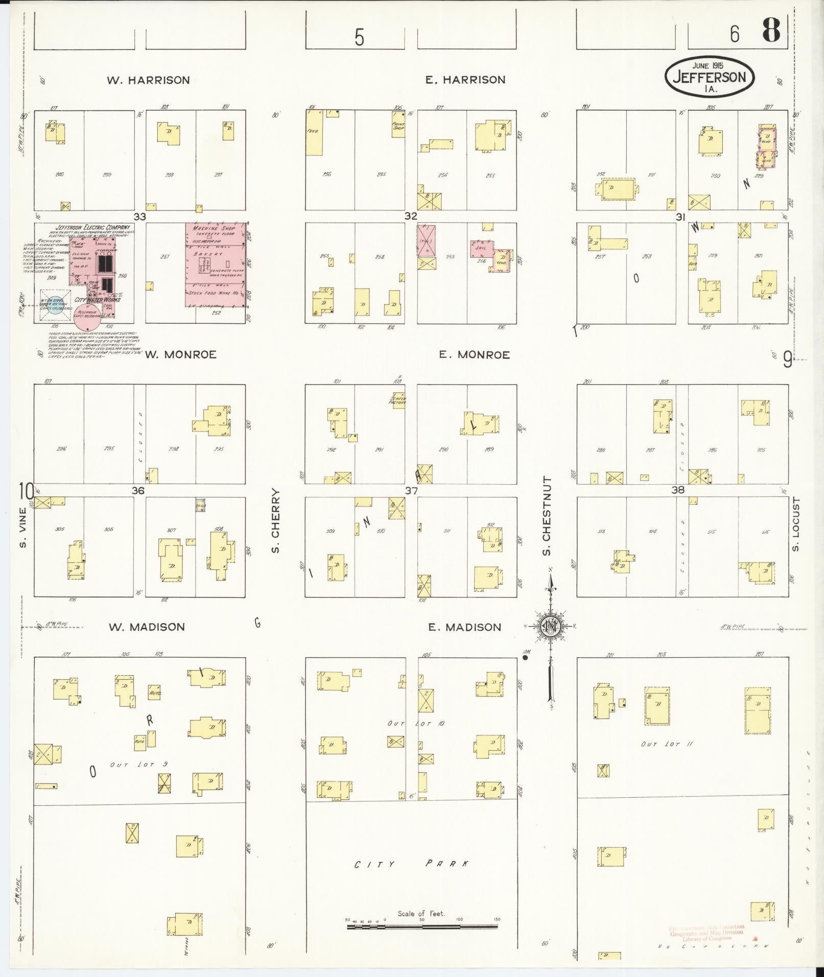 Sanborn Fire Insurance Map from Jefferson, Greene County, Iowa (1915), Sheet #0008 - Historic Sanborn Fire Insurance Map Print, vintage old map wall art