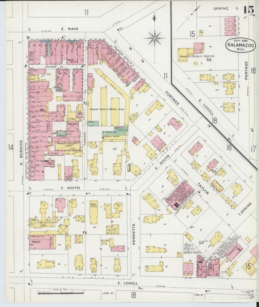 Sanborn Fire Insurance Map from Kalamazoo, Kalamazoo County, Michigan (1896), Sheet #0015 - Historic Sanborn Fire Insurance Map Print, vintage old map wall art, antique decor, genealogy gift, Michigan Michigan map
