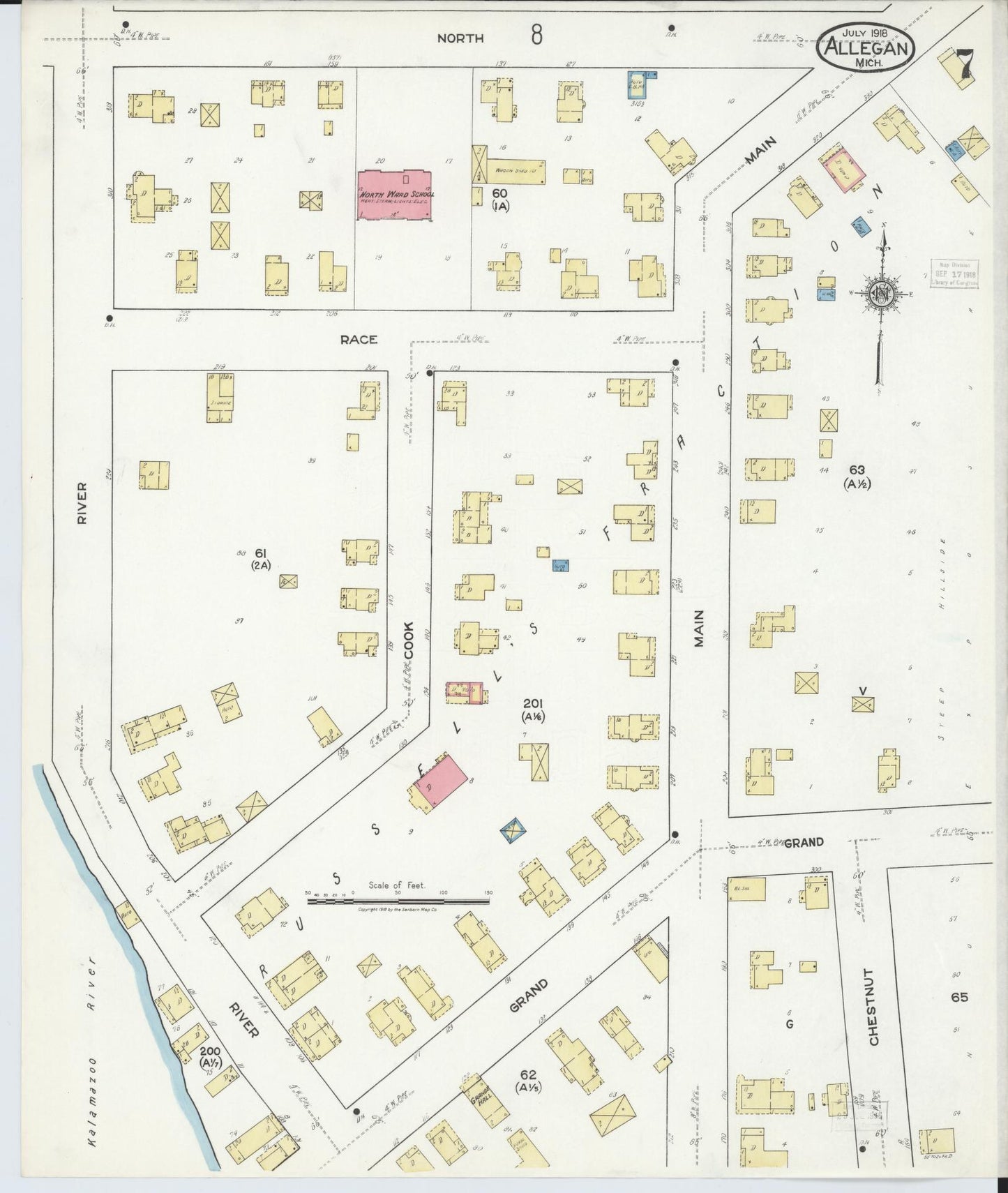 Sanborn Fire Insurance Map from Allegan, Allegan County, Michigan (1918), Sheet #0007 - Complete Map Set gallery image, historic Sanborn map, vintage wall art, Michigan Michigan
