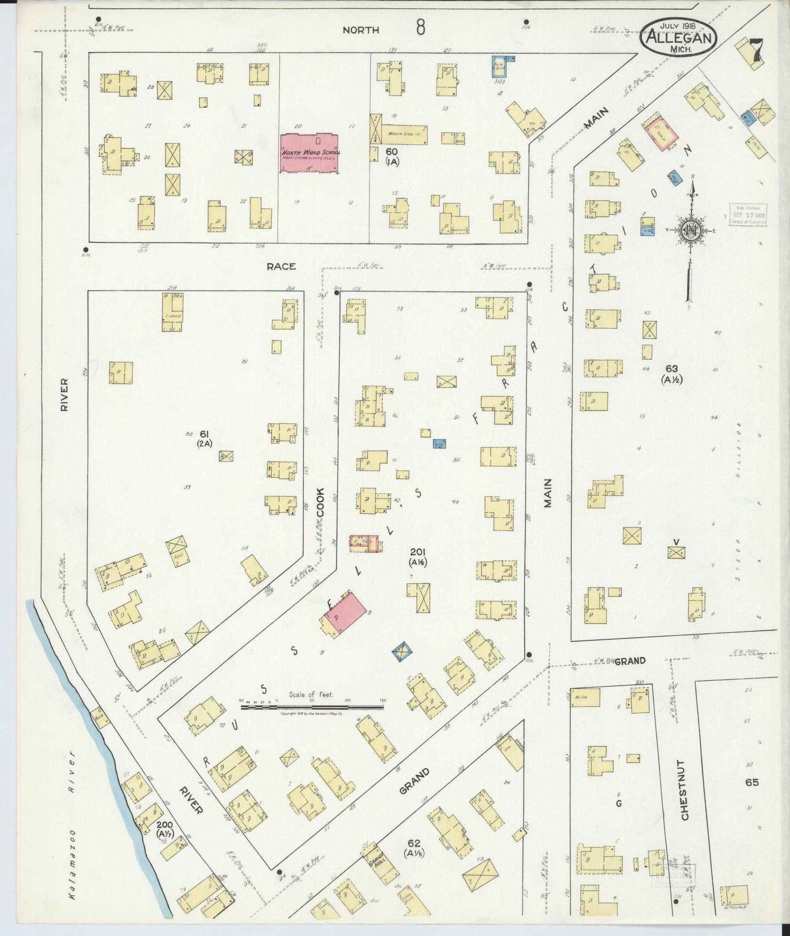 Sanborn Fire Insurance Map from Allegan, Allegan County, Michigan (1918), Sheet #0007 - Complete Map Set gallery image, historic Sanborn map, vintage wall art, Michigan Michigan