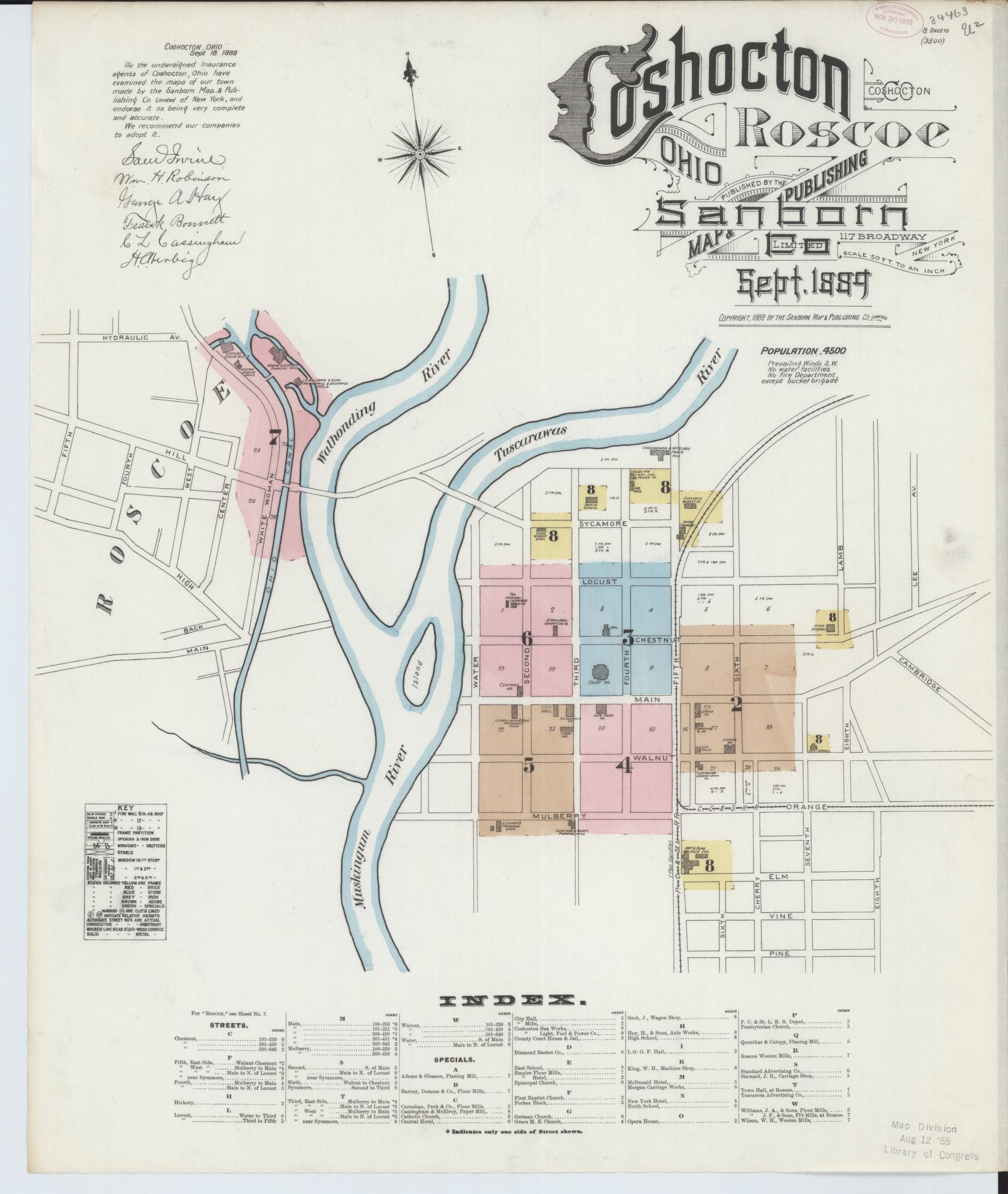 Sanborn Fire Insurance Map from Coshocton, Coshocton County, Ohio (1889), Sheet #0001 - Historic Sanborn Fire Insurance Map Print, vintage old map wall art, antique decor, genealogy gift, Ohio Ohio map