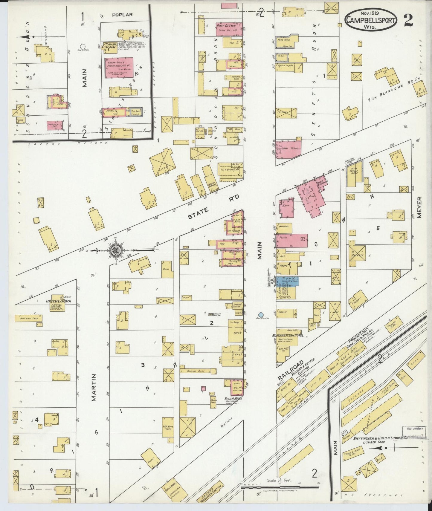 Sanborn Fire Insurance Map from Campbellsport, Fond du Lac County, Wisconsin (1919), Sheet #0002 - Historic Sanborn Fire Insurance Map Print, vintage old map wall art, antique decor, genealogy gift, Wisconsin Wisconsin map