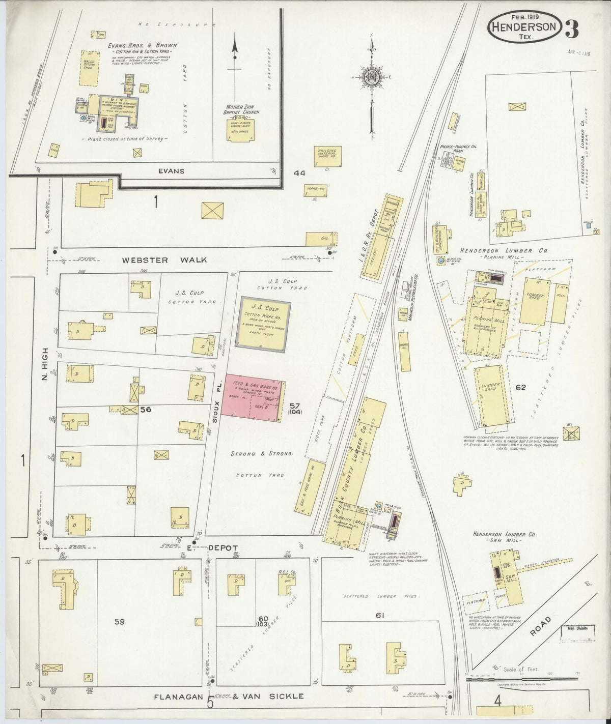 Sanborn Fire Insurance Map from Henderson, Rusk County, Texas (1919), Sheet #0003 - Complete Map Set gallery image, historic Sanborn map, vintage wall art, Texas Texas