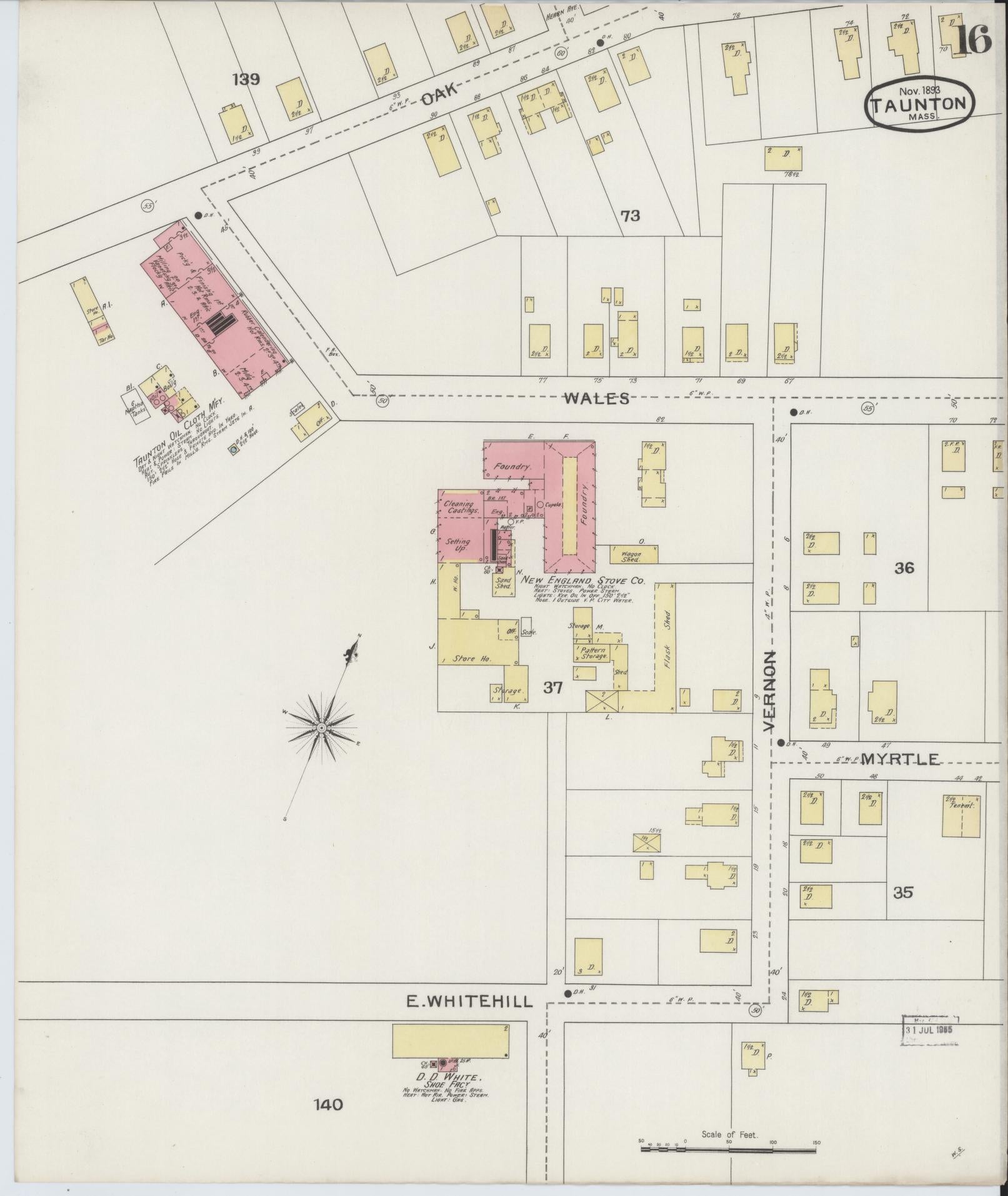 Sanborn Fire Insurance Map from Taunton, Bristol County, Massachusetts (1893), Sheet #0016 - Complete Map Set gallery image, historic Sanborn map, vintage wall art, Massachusetts Massachusetts