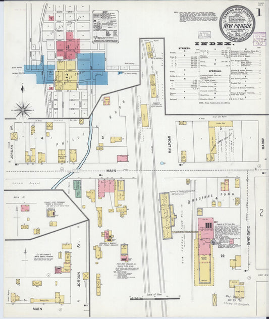 Sanborn Fire Insurance Map from New Prague, Scott And Le Sueur, Minnesota (1904), Sheet #0001 - Historic Sanborn Fire Insurance Map Print, vintage old map wall art, antique decor, genealogy gift, Minnesota Minnesota map