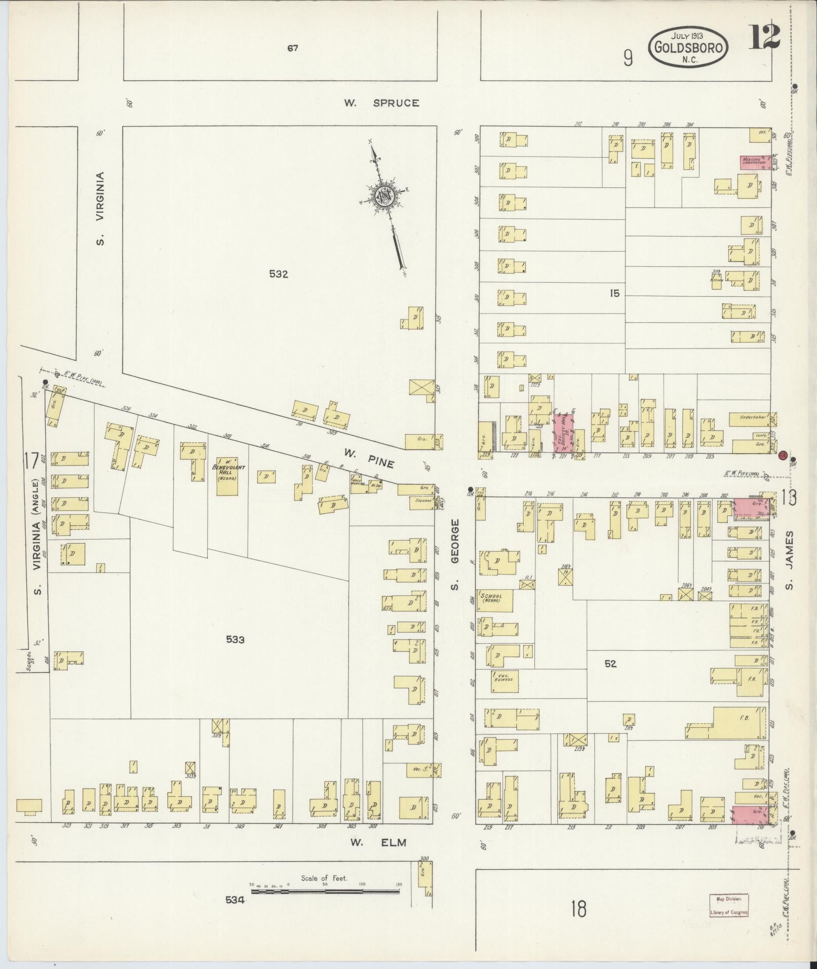 Sanborn Fire Insurance Map from Goldsboro, Wayne County, North Carolina (1913), Sheet #0012 - Historic Sanborn Fire Insurance Map Print, vintage old map wall art, antique decor, genealogy gift, North Carolina North Carolina map