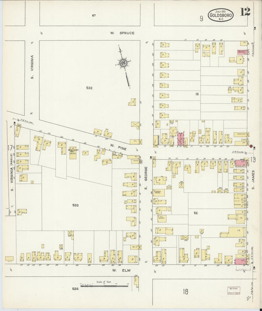 Sanborn Fire Insurance Map from Goldsboro, Wayne County, North Carolina (1913), Sheet #0012 - Historic Sanborn Fire Insurance Map Print, vintage old map wall art, antique decor, genealogy gift, North Carolina North Carolina map