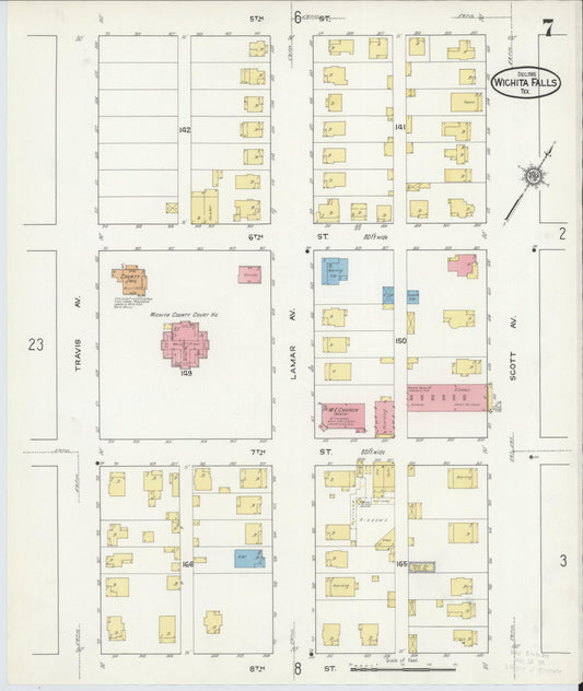 Sanborn Fire Insurance Map from Wichita Falls, Wichita County, Texas (1915), Sheet #0007 - Historic Sanborn Fire Insurance Map Print, vintage old map wall art, antique decor, genealogy gift, Texas Texas map