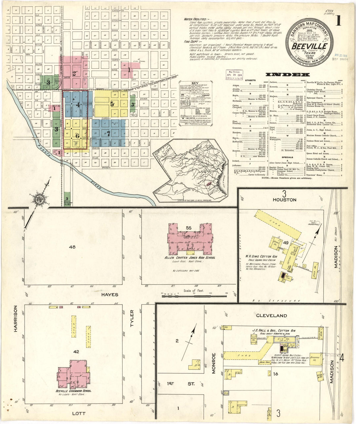 Sanborn Fire Insurance Map from Beeville, Bee County, Texas (1914), Sheet #0001 - Historic Sanborn Fire Insurance Map Print, vintage old map wall art, antique decor, genealogy gift, Texas Texas map
