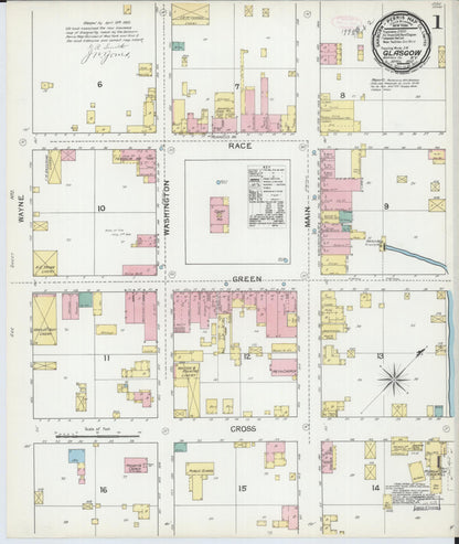 Sanborn Fire Insurance Map from Glasgow, Barren County, Kentucky (1892), Sheet #0001 - Complete Map Set gallery image, historic Sanborn map, vintage wall art, Kentucky Kentucky