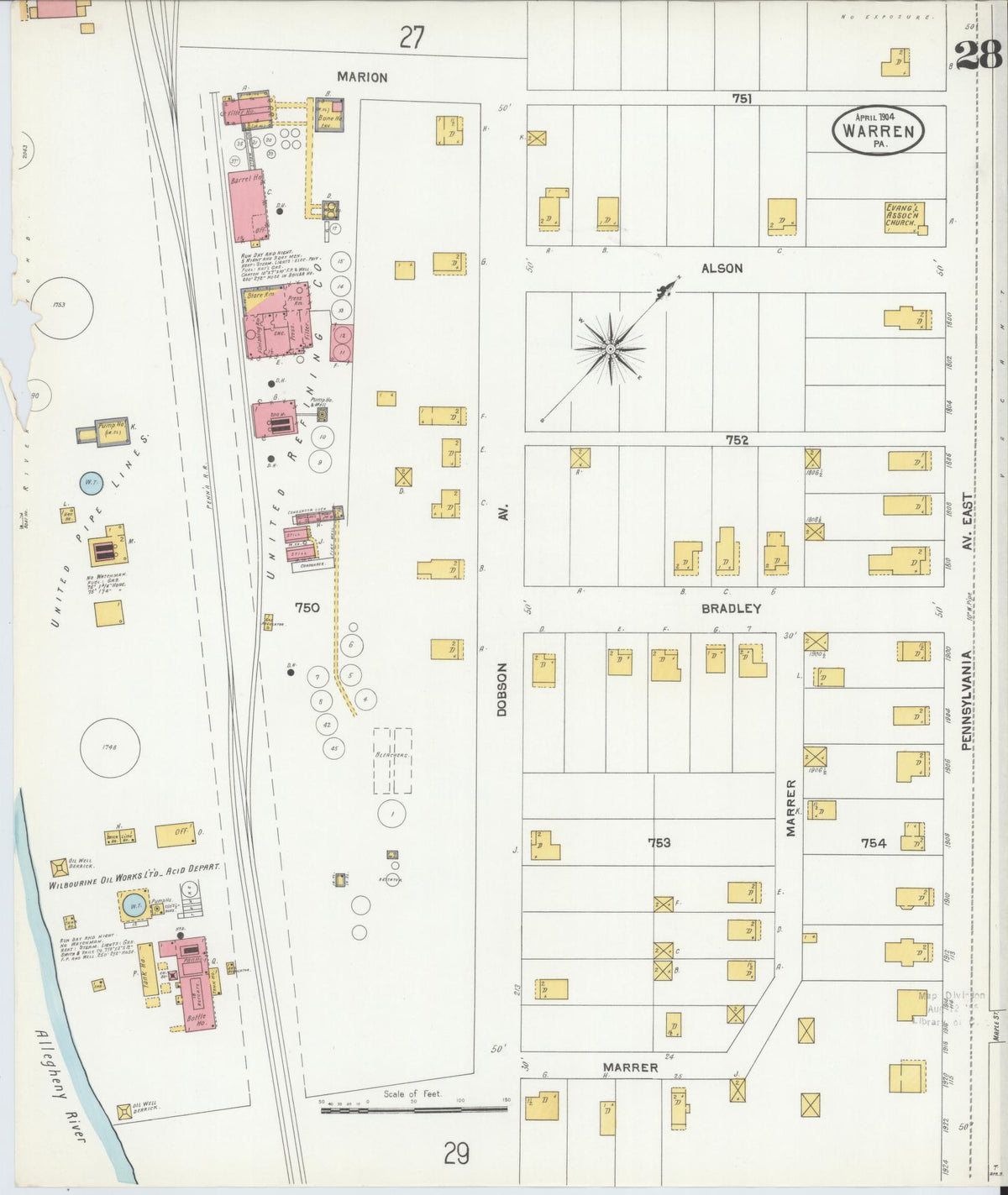 Sanborn Fire Insurance Map from Warren, Warren County, Pennsylvania (1904), Sheet #0028 - Historic Sanborn Fire Insurance Map Print, vintage old map wall art, antique decor, genealogy gift, Pennsylvania Pennsylvania map