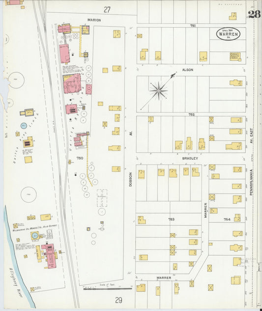 Sanborn Fire Insurance Map from Warren, Warren County, Pennsylvania (1904), Sheet #0028 - Historic Sanborn Fire Insurance Map Print, vintage old map wall art, antique decor, genealogy gift, Pennsylvania Pennsylvania map