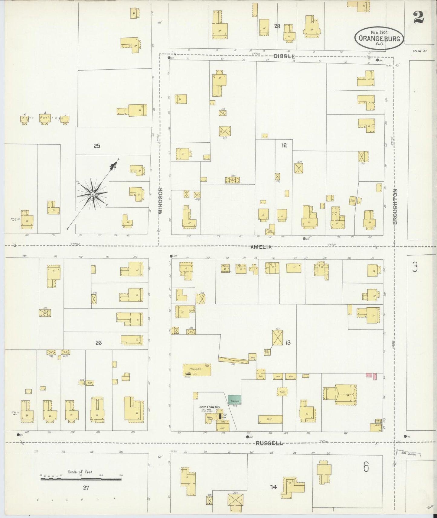 Sanborn Fire Insurance Map from Orangeburg, Orangeburg County, South Carolina (1904), Sheet #0002 - Complete Map Set gallery image, historic Sanborn map, vintage wall art, South Carolina South Carolina